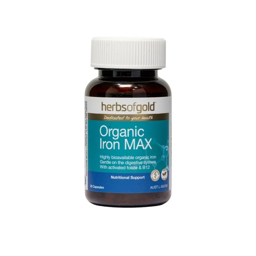 Viên Uống Bổ Sung Sắt Hữu Cơ và Vitamin, Organic Iron Max L/30v, thương hiệu HERBS OF GOLD/Úc